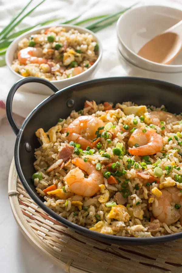 bacon and shrimp fried rice in small wok