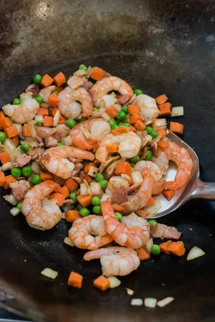 bacon and shrimp in wok