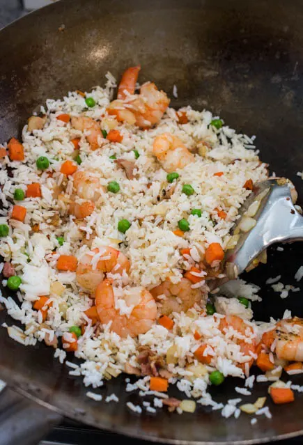 bacon and shrimp fried rice in wok