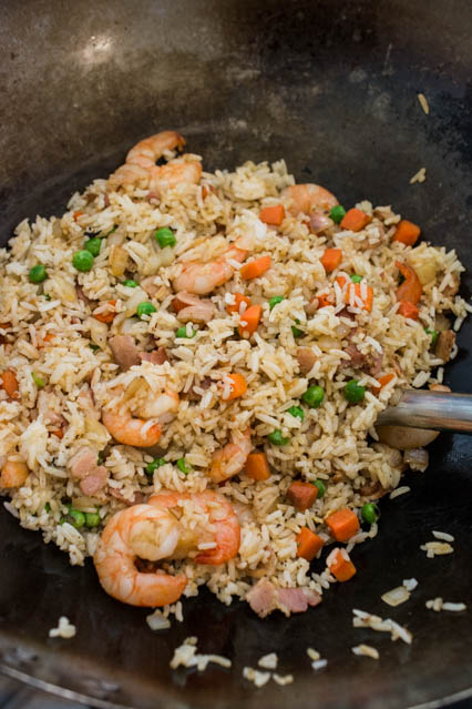 shrimp and bacon fried rice in wok