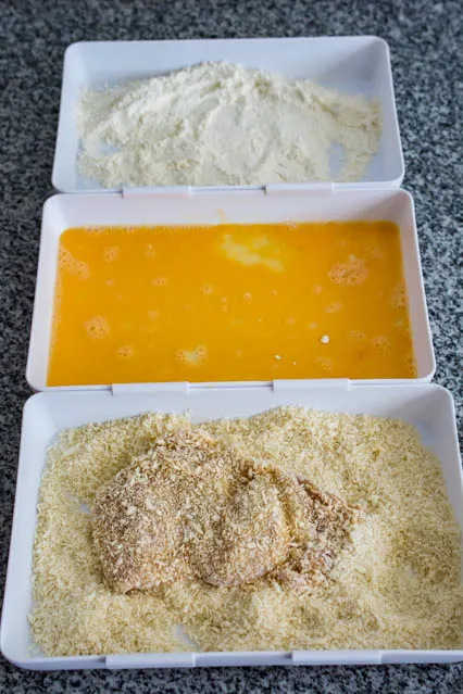 flour, egg and panko breadcrumbs