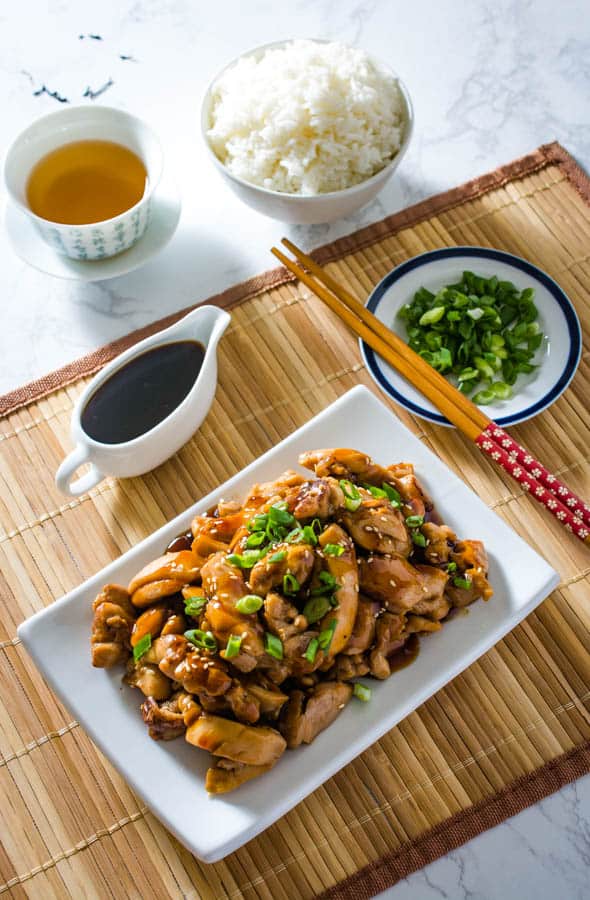 teriyaki chicken on a white plate