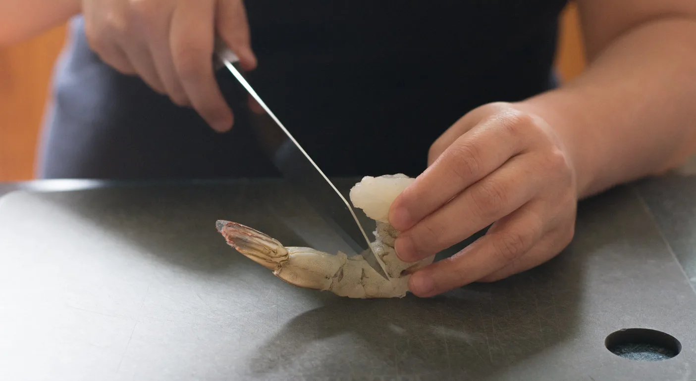 Preparing shrimp for Shrimp Tempura
