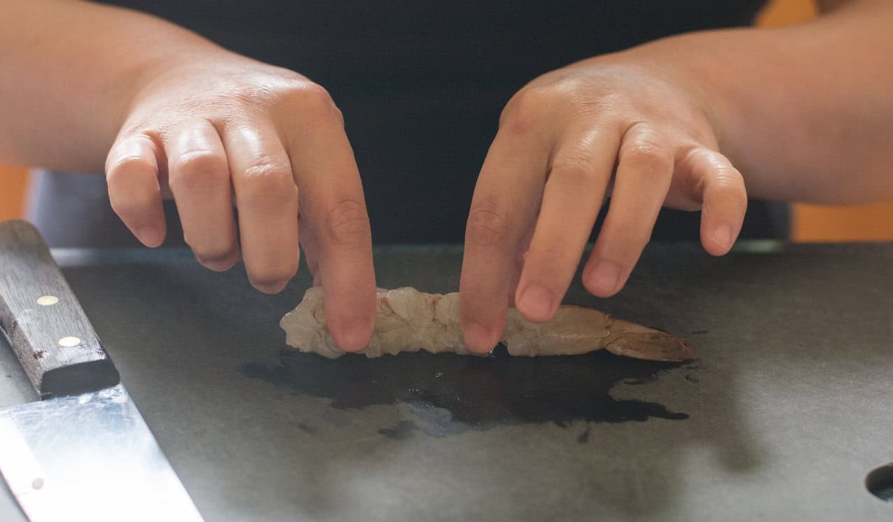 preparing shrimp for Shrimp Tempura