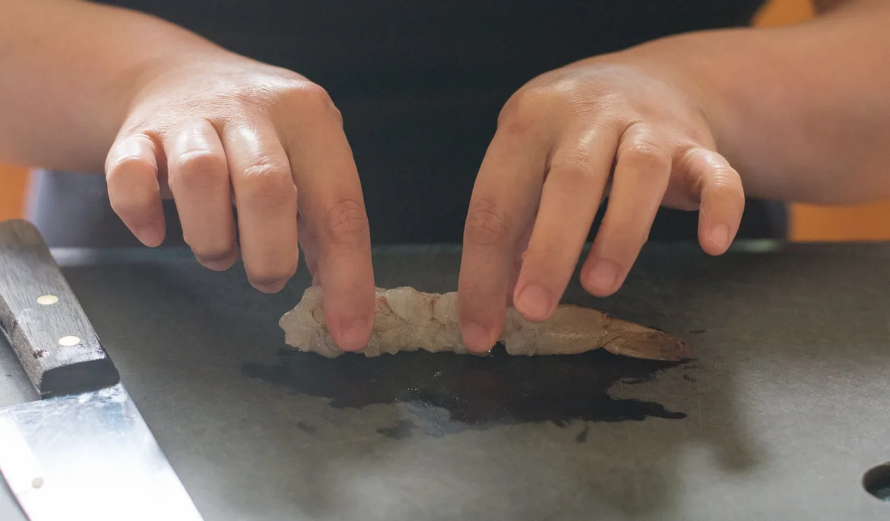 preparing shrimp for Shrimp Tempura