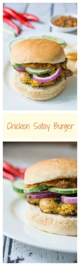 Chicken Satay Burger - Savory marinated chicken satay with spicy peanut sauce...in a burger. No sticks required!