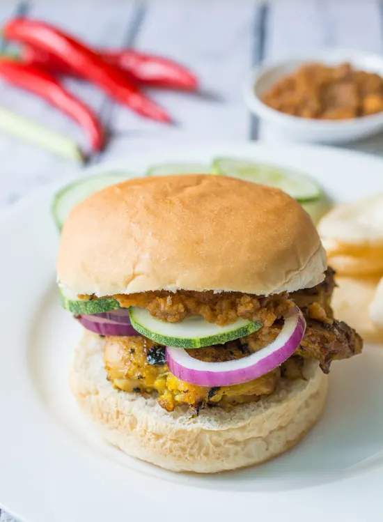 Chicken Satay Burger - Savory marinated chicken satay with spicy peanut sauce...in a burger. No sticks required!