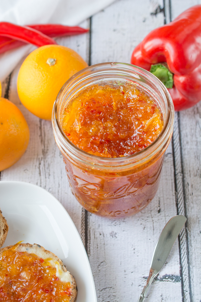 Orange and Pepper Jelly is a unique, tasty blend of orange marmalade with red pepper jelly. It's the best of both worlds. Add a habanero pepper for a spicy kick! 