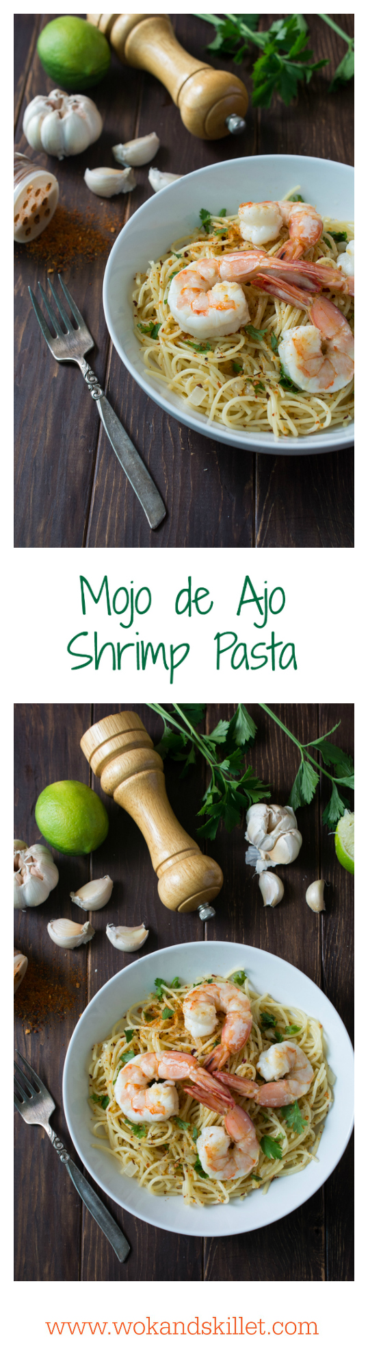 Mojo de Ajo Shrimp Pasta is a Mexican inspired version of Spaghetti aglio e olio. Pasta tossed in Mojo de Ajo (garlic oil), topped with succulent shrimp, chili flakes and fresh parsley or cilantro. 