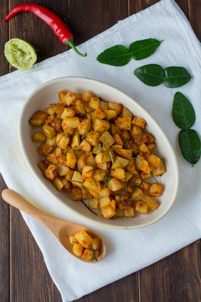 Spicy Fried Potatoes (Indonesian Sambal Goreng Kentang) is the Indonesian version of home fries. It's spicy, sweet and tangy. Serve as a side dish, or enjoy over steamed rice. 
