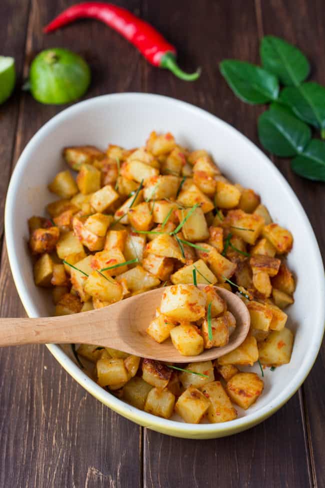 Spicy Fried Potatoes (Indonesian Sambal Goreng Kentang) is the Indonesian version of home fries. It's spicy, sweet and tangy. Serve as a side dish, or enjoy over steamed rice. 