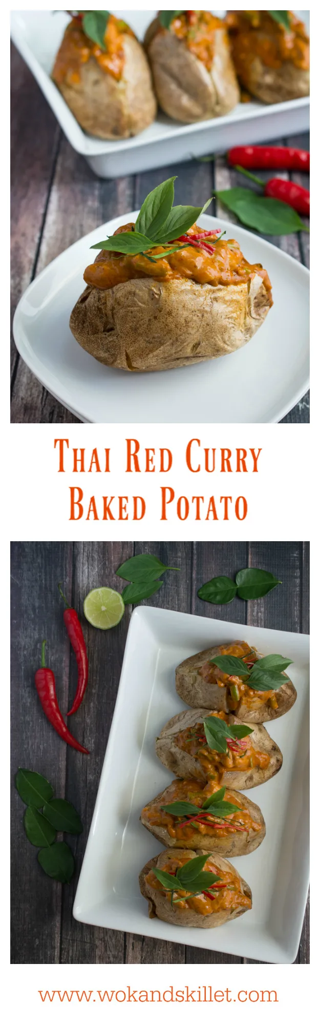 Thai Red Curry Baked Potatoes is an "East Meets West" version of comfort food. Perfect fluffy baked potato topped with a creamy, rich Thai Red Curry with tender chicken and crunchy green beans. 