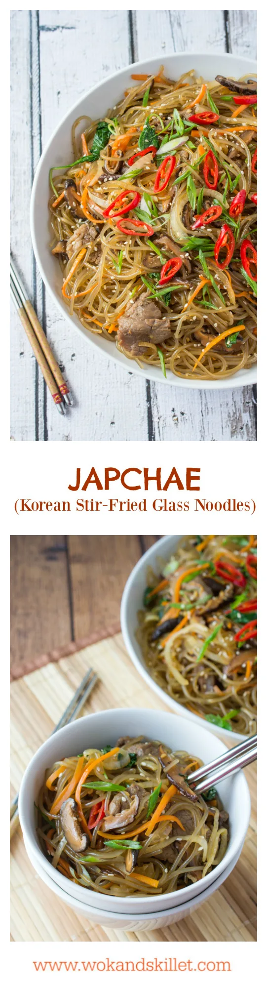 Japchae is a classic Korean dish that can be served as a side, main dish, or over rice. Stir-fried glass noodles with sliced beef, julienned carrots, vegetables and mushrooms, tossed in a sweet soy sauce dressing.