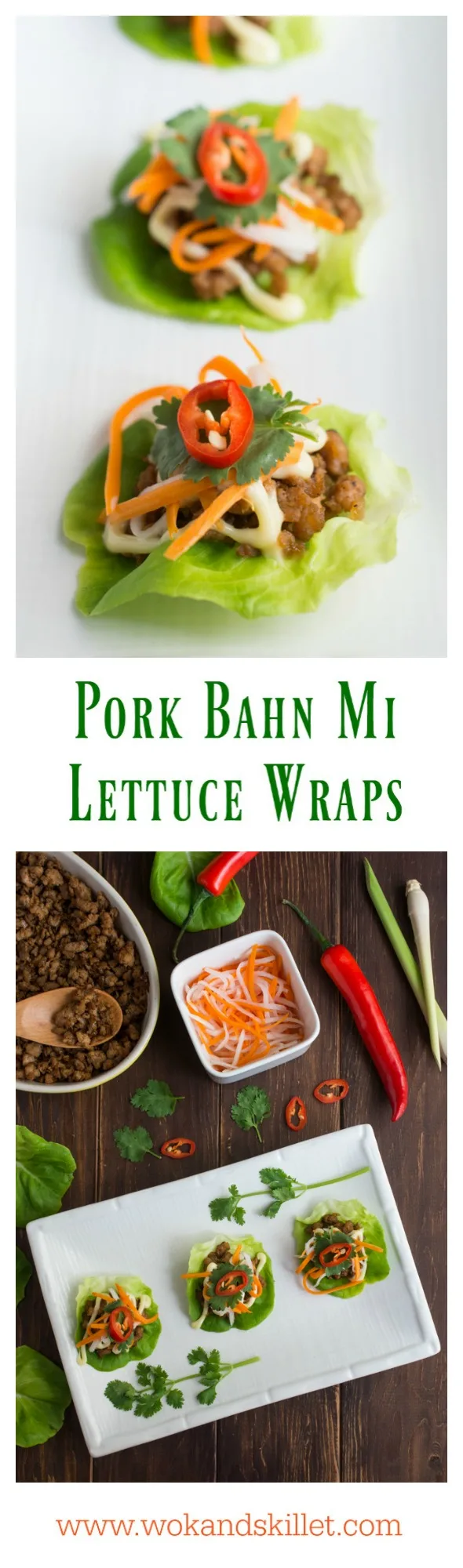 Inspired by Vietnamese Lemongrass Pork Bahn Mi Sandwiches, these Pork Bahn Mi Lettuce Wraps feature a lemongrass pork filling topped with creamy mayonnaise, pickled carrots and daikon, then topped with cilantro and fresh chili. 