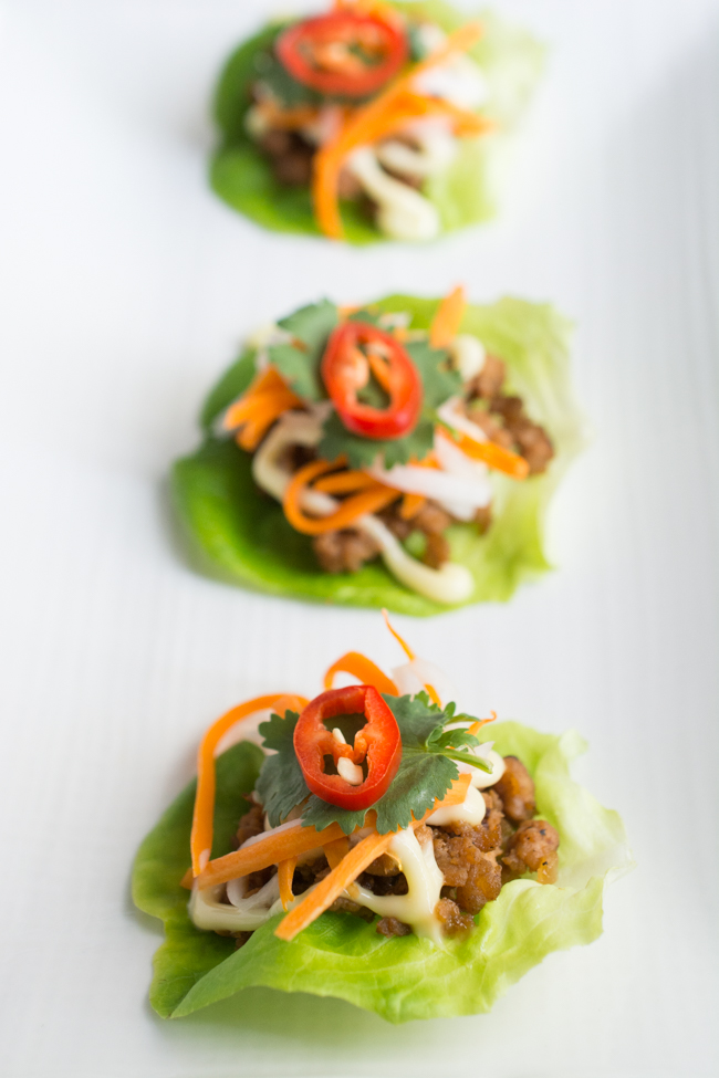 Inspired by Vietnamese Lemongrass Pork Bahn Mi Sandwiches, these Pork Bahn Mi Lettuce Wraps feature a lemongrass pork filling topped with creamy mayonnaise, pickled carrots and daikon, then topped with cilantro and fresh chili. 