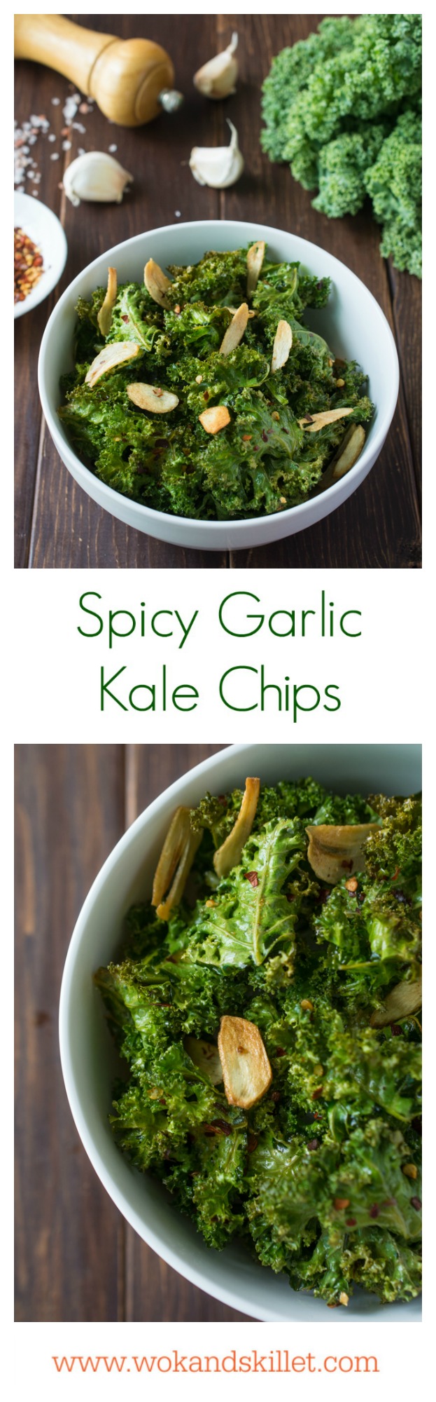 These healthy Spicy Garlic Kale Chips are irresistibly crispy and tasty! Fresh kale leaves are tossed in garlic oil and garlic powder, baked till crisp, then topped with crunchy garlic chips and spicy crushed red pepper. 