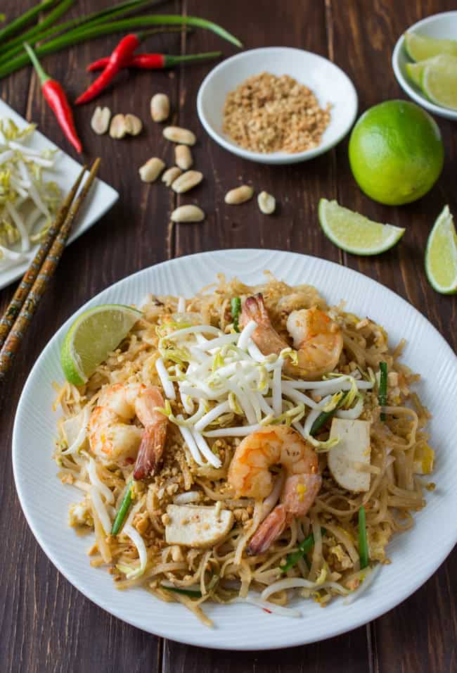 Authentic Pad Thai made easy! Rice noodles stir-fried in a slightly sweet and tangy sauce, topped with shrimp, sliced tofu, ground roasted peanuts, and fresh bean sprouts.