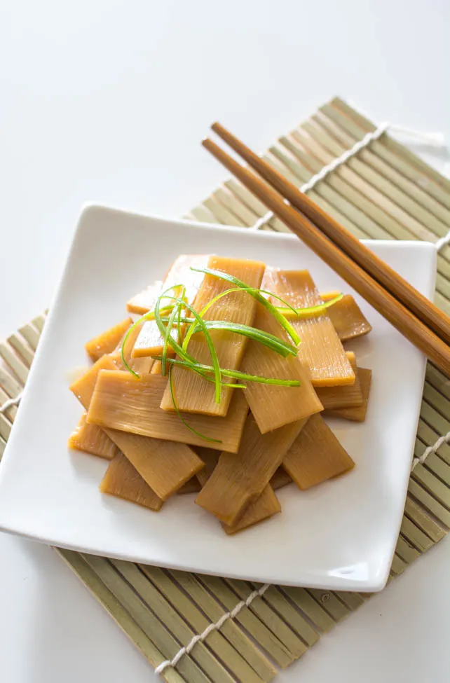 Menma (Seasoned Bamboo Shoots) is a classic Japanese ramen topping but can also be enjoyed as a snack. Slightly crunchy and extremely flavorful. 