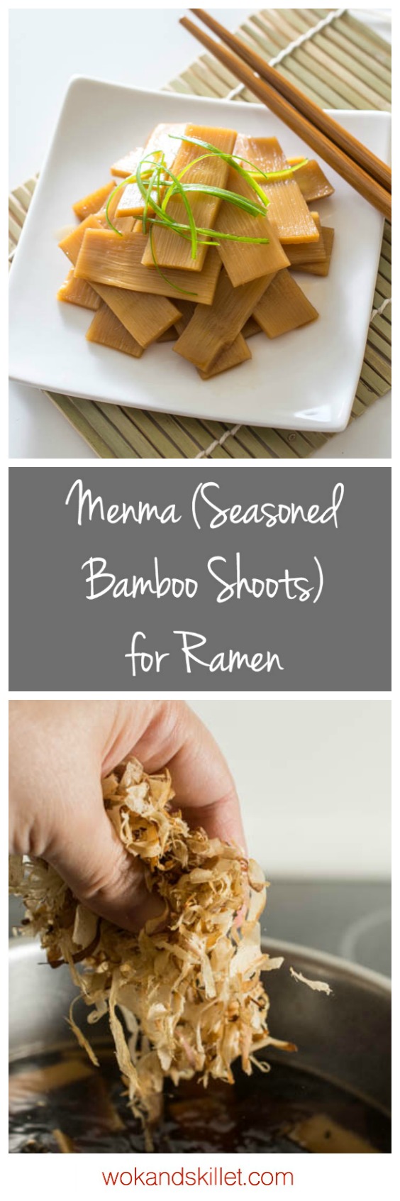 Menma (Seasoned Bamboo Shoots) is a classic Japanese ramen topping but can also be enjoyed as a snack. Slightly crunchy and extremely flavorful. 