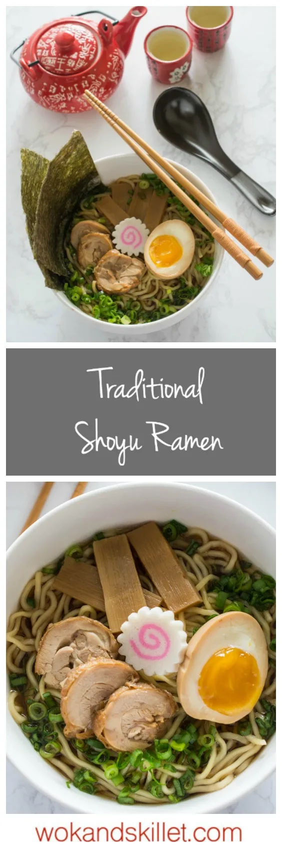 Traditional Shoyu Ramen features a savory soy-sauce based clear broth and ramen noodles with classic toppings such as chashu, seasoned bamboo shoots, and a half-boiled seasoned egg. 