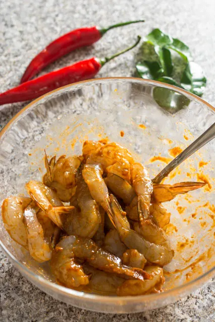 shrimp marinated with tom yum paste