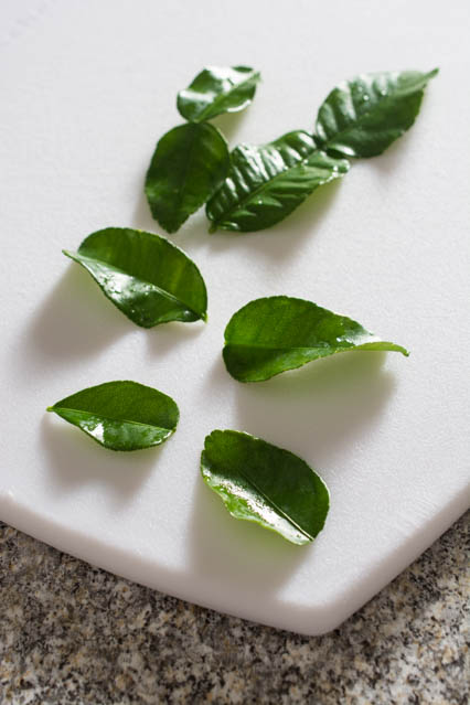 halved kafir lime leaves