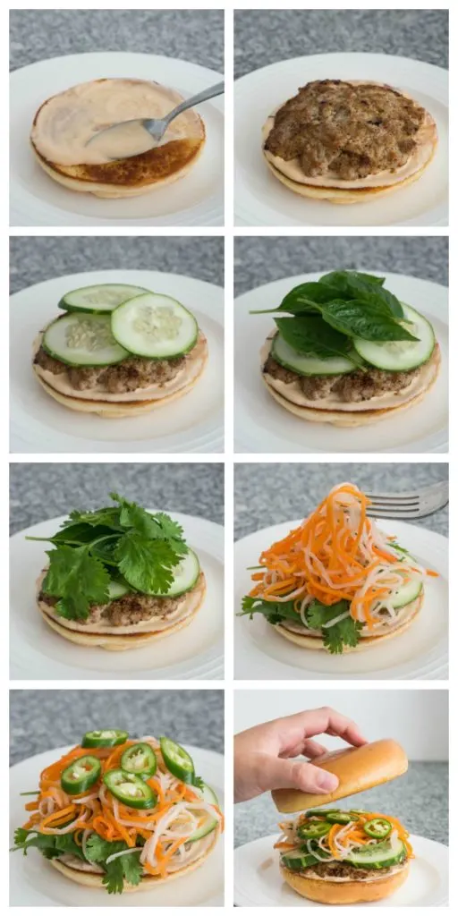 step by step instructions on how to make Vietnamese Lemongrass Pork Bahn Mi Burger