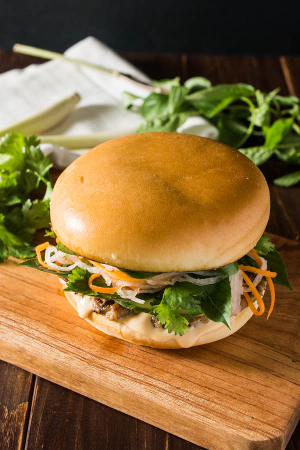 Vietnamese Lemongrass Pork Banh Mi Burger with fresh herbs