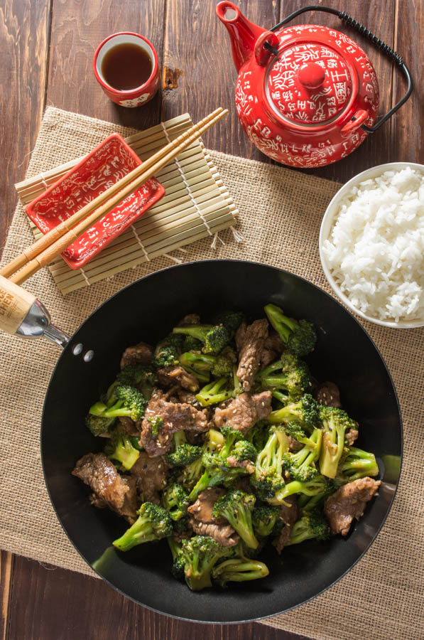 beef and broccoli in a wok with rice