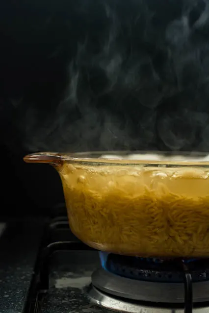 brown rice in boiling water