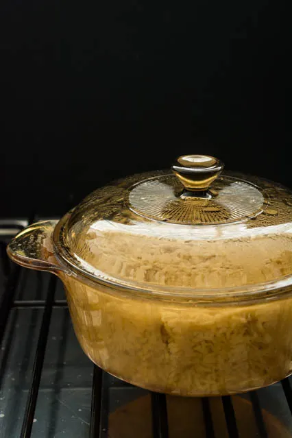 brown rice in covered pot