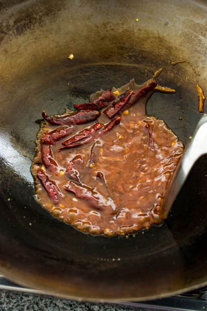 dried red chili and General Tso’s Chicken sauce