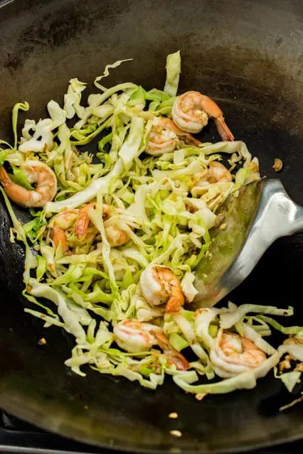 cabbage and shrimp in wok