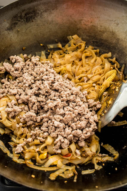 ground pork on pad kee mao noodles