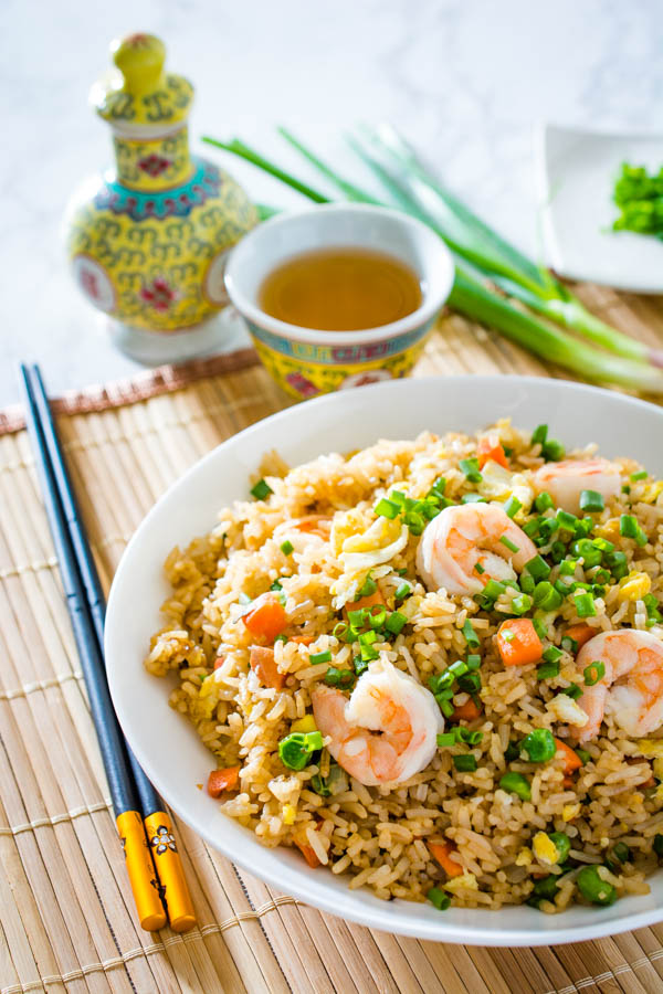 shrimp fried rice in a large bowl