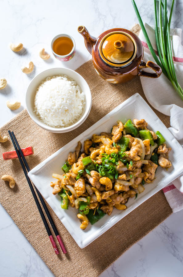 cashew chicken on brown placemat