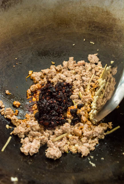 ground pork with chili black bean paste for mapo tofu