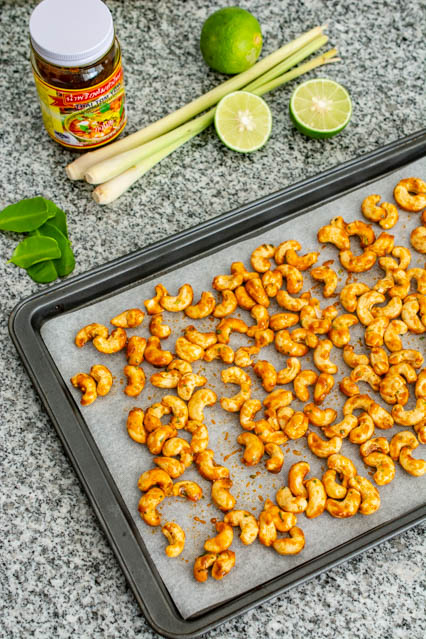 tom yum cashews on a sheet pan