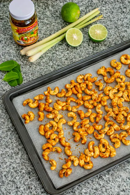 thai tom yum cashews on a baking sheet