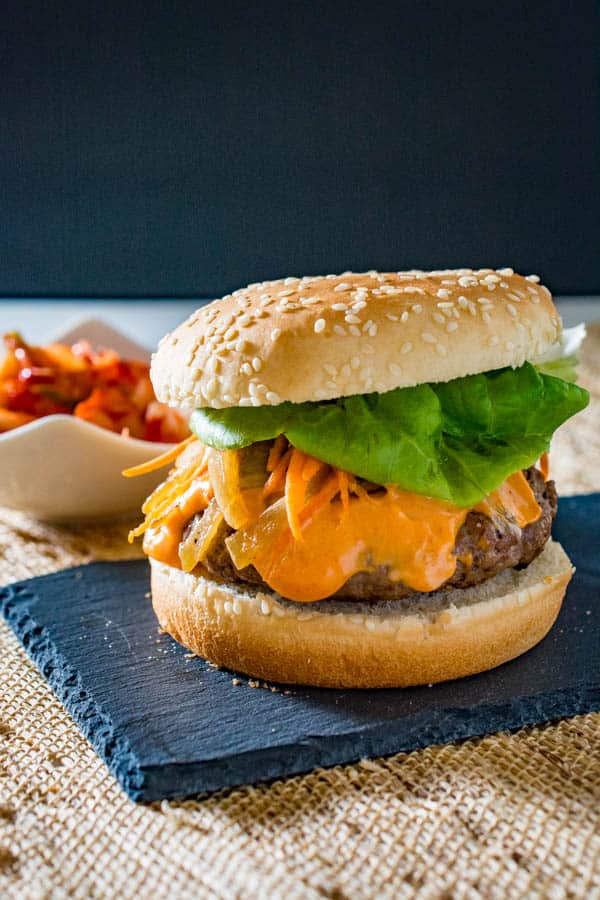 korean bulgogi burger with gochujang mayo