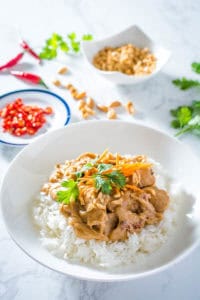 thai peanut chicken over steamed rice