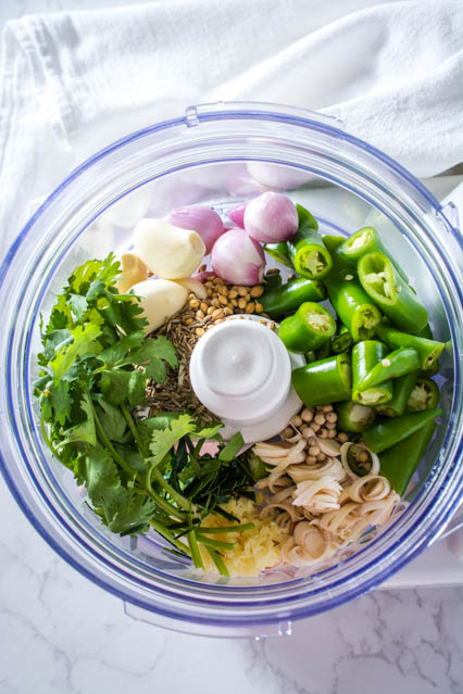 ingredients for green curry in food processor