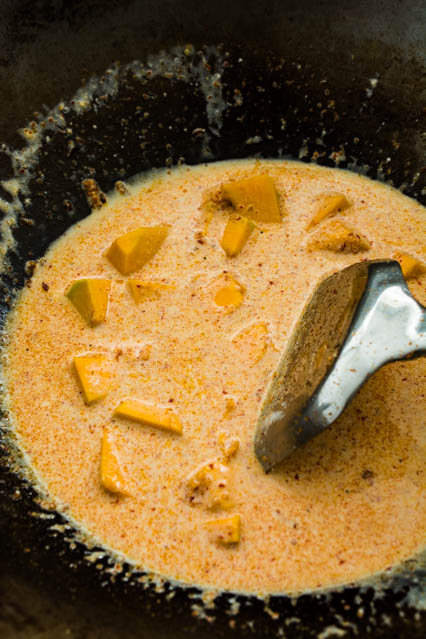 cubed pumpkin in thai red curry