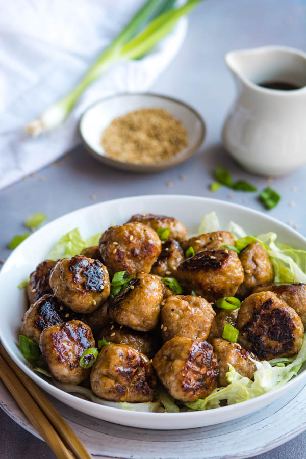 chinese bbq meatballs in a white bowl