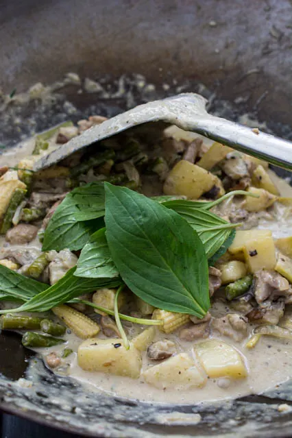 fresh thai basil leaves in green curry