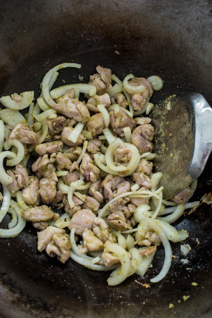 stir-fried chicken and onions in thai green curry