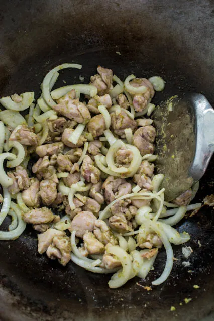 stir-fried chicken and onions in thai green curry