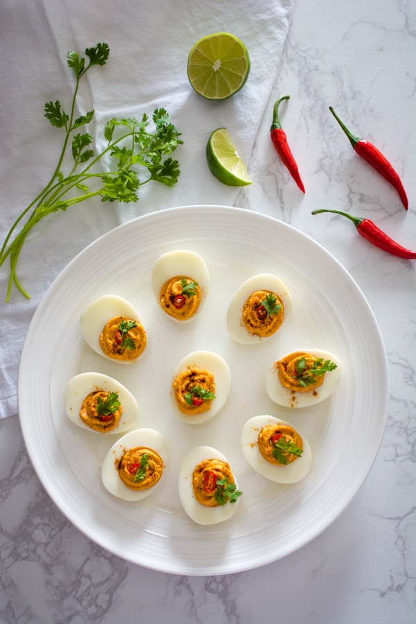 Thai Red Curry Deviled Eggs on a plate