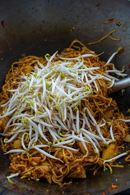 bean sprouts over malaysian fried noodles