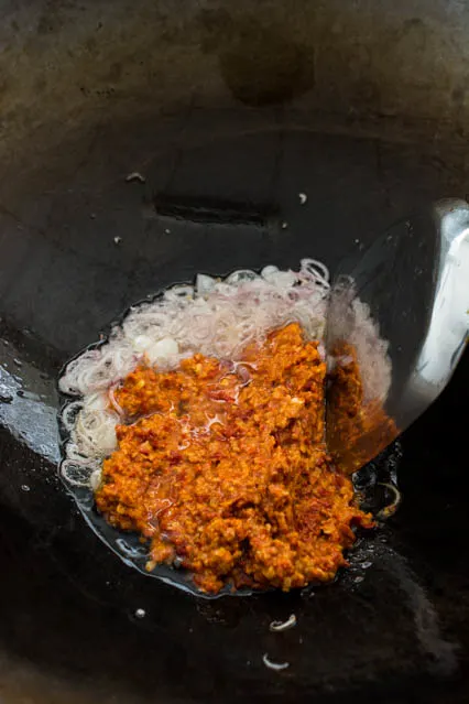 shallots and sambal paste in wok